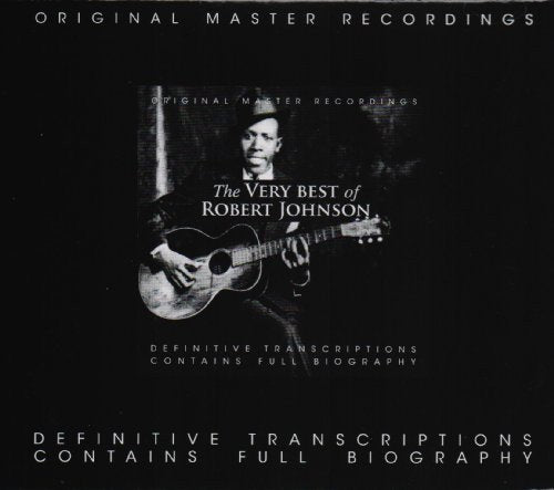 Black album cover with Robert Johnson holding a guitar, in black and white.