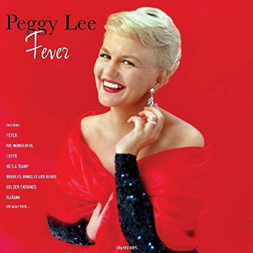 Peggy Lee’s “Fever” album cover, a portrait on a red background.