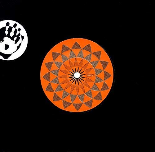 "Orange vinyl record with geometric design on a black background, partial logo visible."