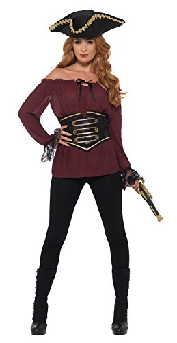 "Woman in pirate costume, maroon shirt, black pants, and tricorn hat, holding a toy gun."