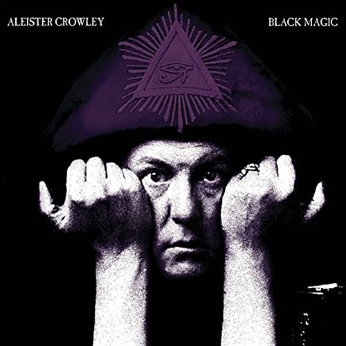 Aleister Crowley portrait with purple triangle and eye symbol above head.
