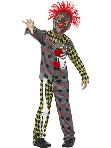 "Person wearing a twisted clown costume with red, black, and yellow patterns and red wig."