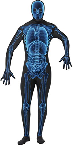 "Black full-body costume with blue glowing skeleton design on a white background."