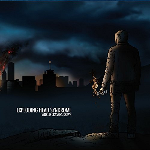"Album cover art: man holding exploding headphones, cityscape in the background."