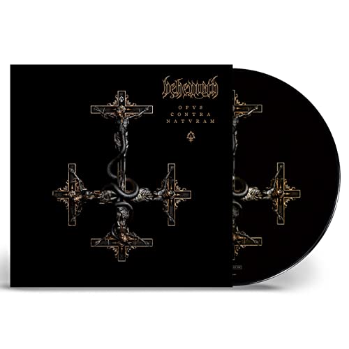 Behemoth vinyl record featuring an inverted cross design with a snake on black background.