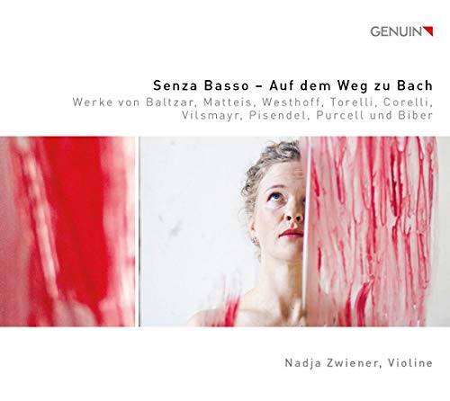 CD cover: Portrait of violinist Nadja Zwiener with red abstract background.