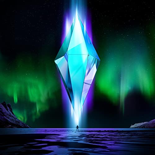 Glowing crystal shard against a dark, aurora-filled landscape with a small figure.