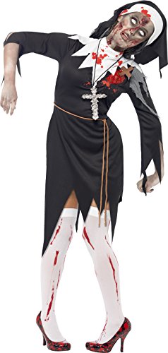 A woman dressed as a bloody, undead nun with torn habit and stockings.