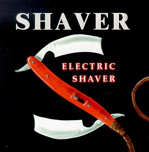 An orange-handled straight razor with the words "SHAVER" and "ELECTRIC SHAVER" on a black background.