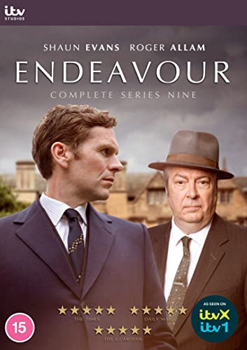 DVD cover for “Endeavour” Series 9, featuring Shaun Evans and Roger Allam.