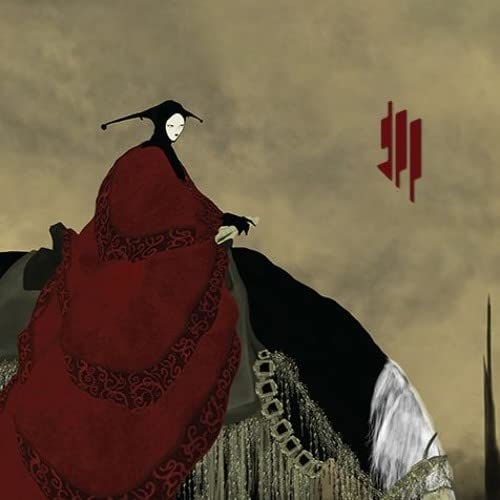 Skrillex album cover: figure in red robe, abstract landscape, red symbol.