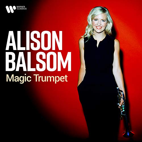 Alison Balsom CD cover: blonde woman in black dress holding trumpet against red background.