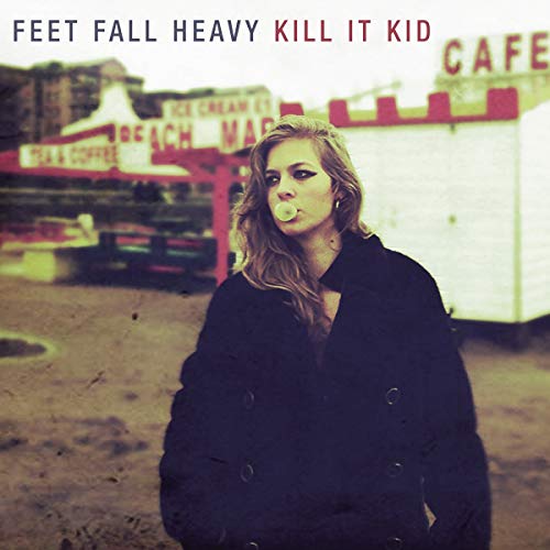 CD cover: woman with bubblegum, beach cafe backdrop, "Feet Fall Heavy".