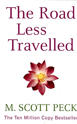 "The Road Less Travelled" book cover with pink flower and white background.