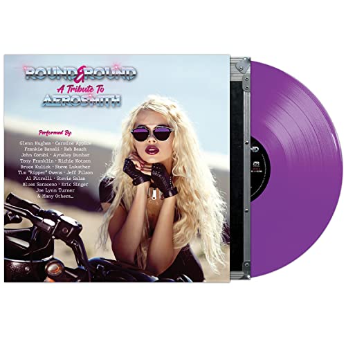 Purple vinyl record and album cover featuring a blonde woman with sunglasses.