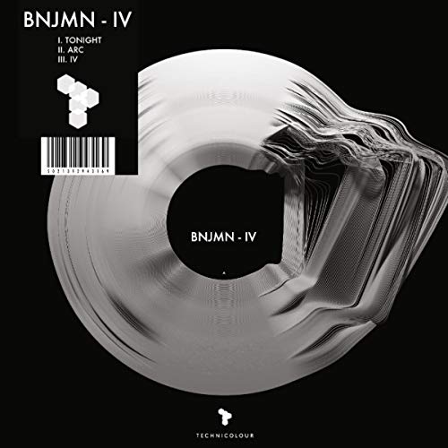 White vinyl record with black text and geometric shapes on cover.