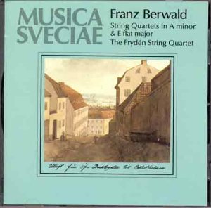 "Light blue CD cover with 'Musica Suecae' text and a village scene painting."