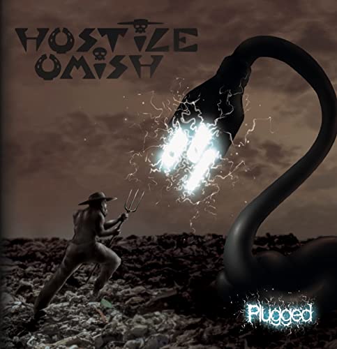 CD cover: Amish figure with a pitchfork, large electric plug, dark tones.