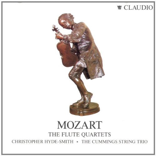 A bronze statue of Mozart playing the flute on a CD cover.