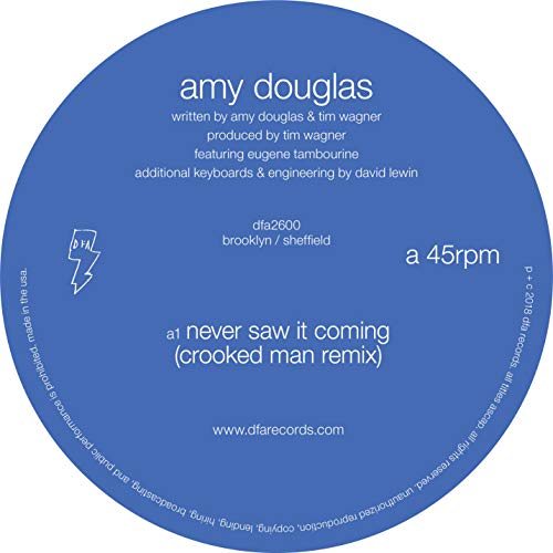 Blue vinyl record label with white text: Amy Douglas - Never Saw It Coming.