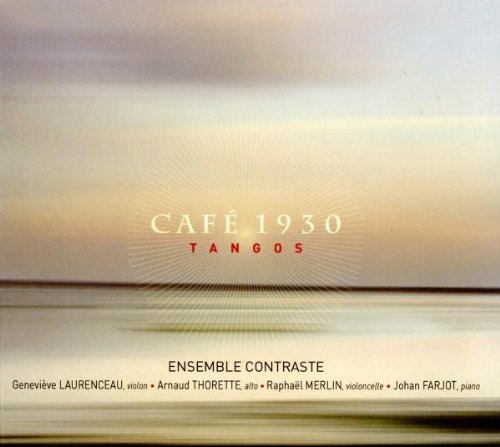 "CD cover with 'CAFÉ 1930 TANGOS' text over a serene, blurred lake landscape."