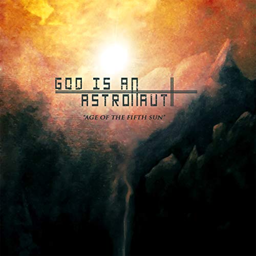 The album cover for "God Is An Astronaut - Age Of The Fifth Sun" features a bright sun or star shining through cloudy, dark surroundings. Alt text: Cloudy, dark background with bright sun and black text overlay.