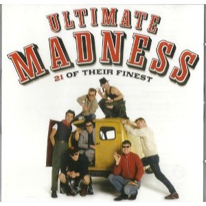 "CD cover featuring the band Madness posing around a yellow van, white background."