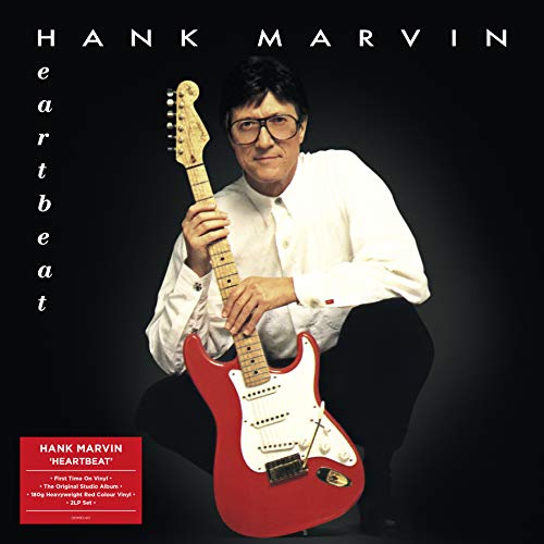 Hank Marvin portrait with red electric guitar, album cover art.