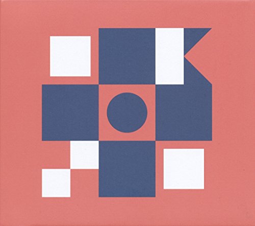 The image shows a salmon-pink album cover with a blue and white geometric design.