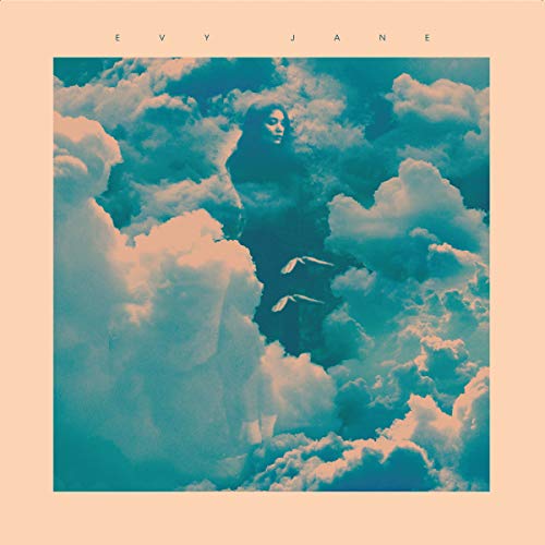 Woman emerging from teal and white clouds, album cover art.
