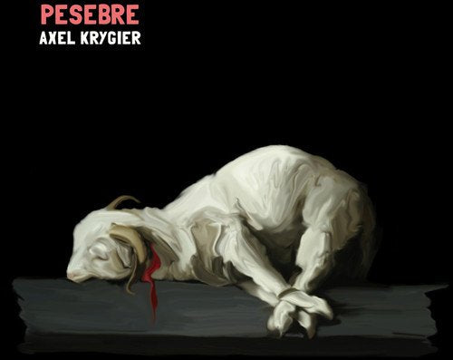 "Album cover featuring a white goat lying on a dark surface, with red text."