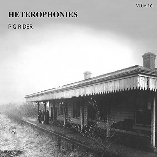 Vinyl record cover: weathered train station with figures, grayscale image.