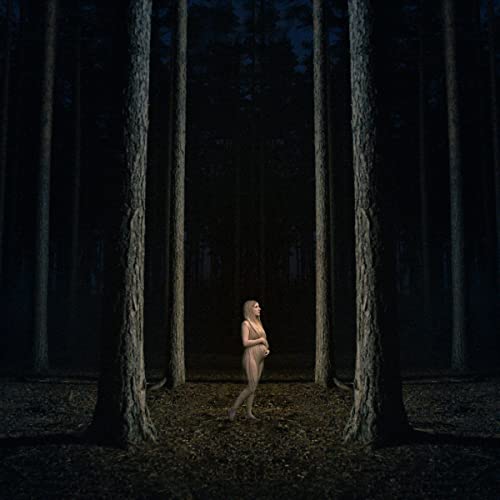 Nude figure standing in a dark forest between tall trees.