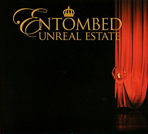 Entombed album cover: black background, gold text, red curtains, and a figure.