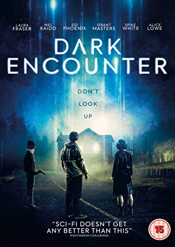 "DVD cover for 'Dark Encounter' showing three people walking towards a house."