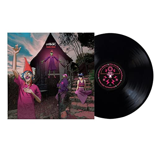 "Vinyl record with black disc and pink label, album cover with cartoon characters."