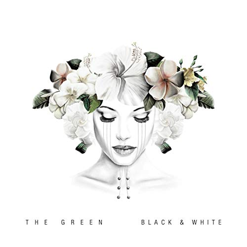Black and white illustration of a woman's face adorned with flowers and tears.