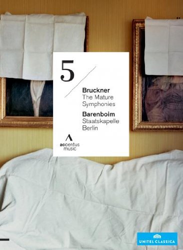 "Bruckner Symphony DVD cover featuring two portraits on a yellow wall with white drapes."
