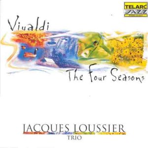 Vivaldi's Four Seasons CD cover with abstract watercolor design and black text on white background.