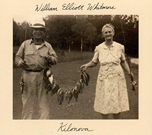 "Vintage sepia album cover with man and woman holding fishing rods and caught fish."