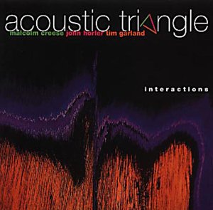 Album cover with dark background, red sound waves, and white text "acoustic triangle interactions".