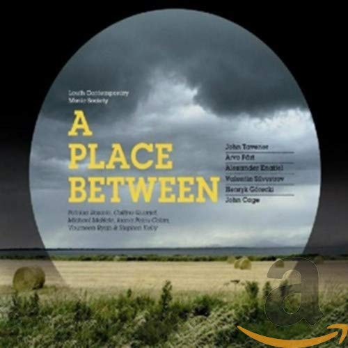 "CD cover with 'A Place Between' title, cloudy sky, and field landscape."
