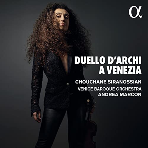 Woman with long curly hair holding a violin, album cover art.