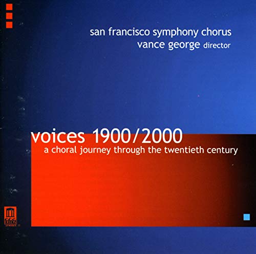 CD cover for “Voices 1900/2000” choral journey with red and blue design.
