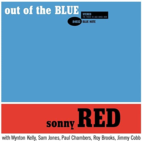“Out of the Blue” vinyl record cover with blue and red color blocks.
