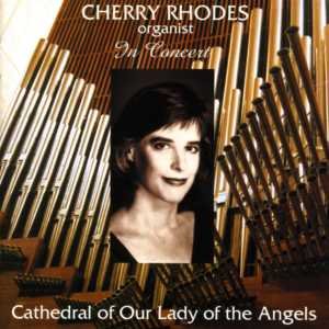 Organist Cherry Rhodes' album cover featuring a black-and-white portrait surrounded by organ pipes.