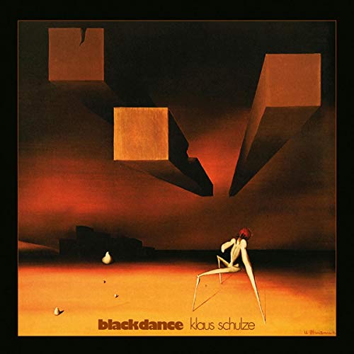 Abstract album cover with geometric shapes, a figure, and red text: "blackdance klaus schulze".