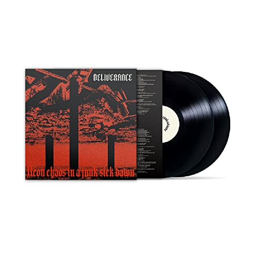 Deliverance vinyl record with red cover art depicting crosses and wreckage.