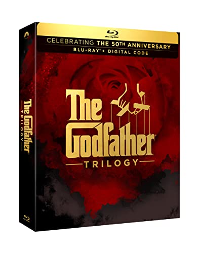 The Godfather" trilogy Blu-ray case with a shadowy figure and marionette strings.