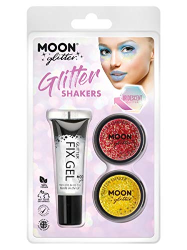 "Packaged Moon Glitter product with gel and two pots of red and yellow glitter."